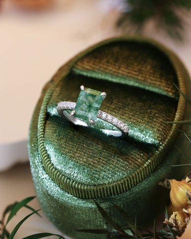 RAYA Emerald Cut Natural Moss Agate Solitaire Engagement Ring