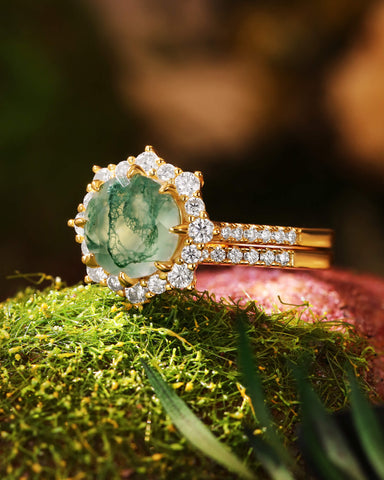 BRYONY Unique Halo Round Shaped Moss Agate Floral Engagement Bridal ring set