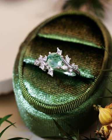 KNIGHT Round Moss Agate Leaf Engagement Ring
