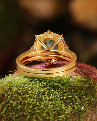 BRYONY Unique Halo Round Shaped Moss Agate Floral Engagement Bridal ring set