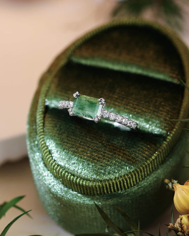 OLIA East West Emerald Cut Moss Agate Pave Moissanite Engagement Ring