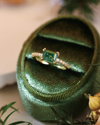 OLIA East West Emerald Cut Moss Agate Pave Moissanite Engagement Ring