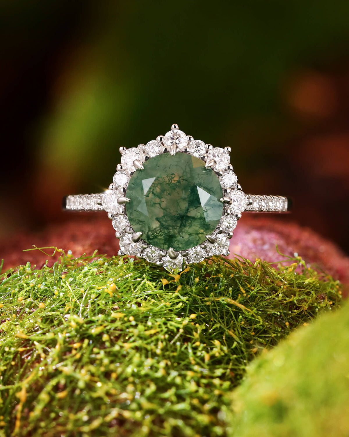 AENYA Round Moss Agate Floral Halo Engagement Ring