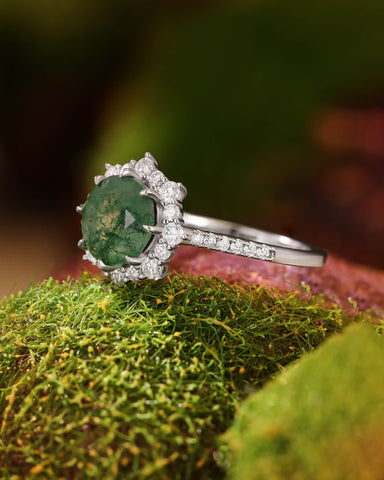 AENYA Round Moss Agate Floral Halo Engagement Ring