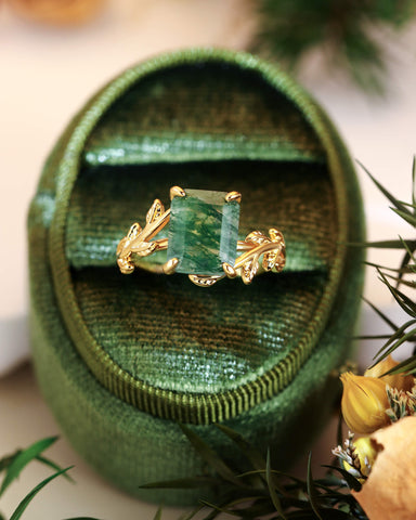 FENNA Emerald Cut Moss Agate Leafy Engagement Ring
