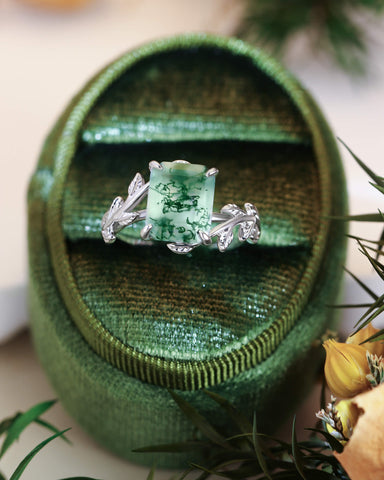 FENNA Emerald Cut Moss Agate Leafy Engagement Ring
