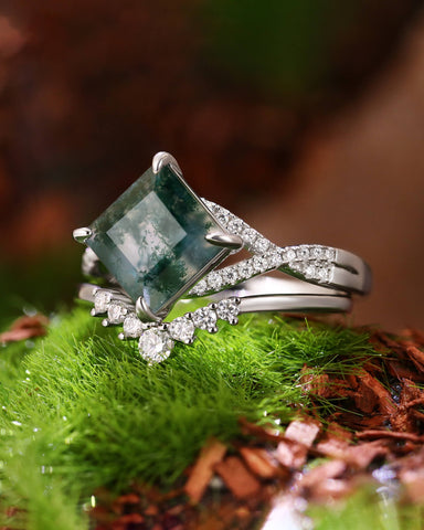 MIRETH Nature Inspired Square Shaped Moss Agate Bridal Ring Set