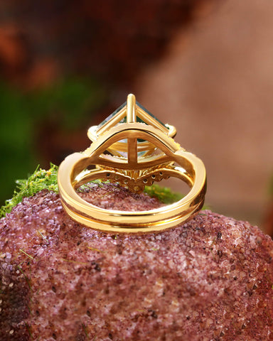 MIRETH Nature Inspired Square Shaped Moss Agate Bridal Ring Set