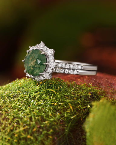 BRYONY Unique Halo Round Shaped Moss Agate Floral Engagement Bridal ring set