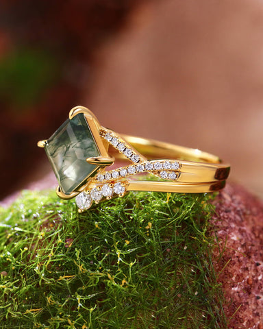 MIRETH Nature Inspired Square Shaped Moss Agate Bridal Ring Set