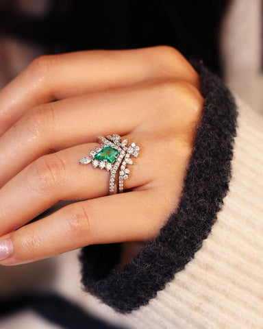 TATIANA Kite Shaped Emerald Bridal Ring Set Moissanite Lacey Band Wedding Set