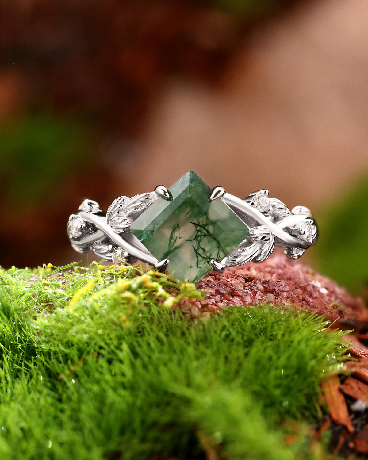 ASPEN Princess Cut Moss Agate Nature Inspired Engagement Ring