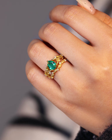 ELLA Pear Shaped Lab Emerald Engagement Ring Nature Inspired Leaf Ring Set