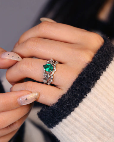 ELLA Pear Shaped Lab Emerald Engagement Ring Nature Inspired Leaf Ring Set