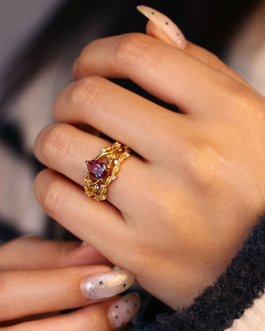 ASHLEY Pear Cut Lab Alexandrite Leafy Engagement Ring Set 2pcs