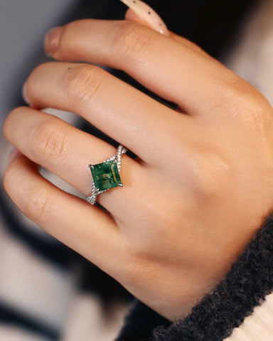 INFIORA Princess Cut Moss Agate Crossover Shank Engagement Ring