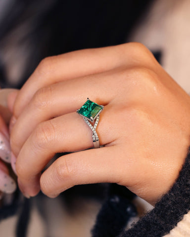 PAVIA Princess Cut Lab Emerald Wedding Ring Infinity Design Pave Promise Ring