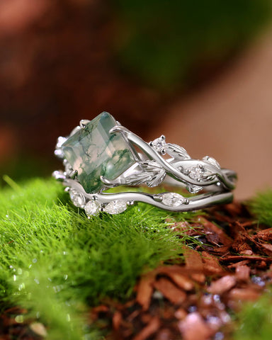 RHIANNON Princess Cut Moss Agate Engagement Ring Set Nature Vibe Bridal Set