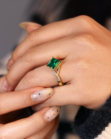 PAVIA Princess Cut Lab Emerald Wedding Ring Infinity Design Pave Promise Ring