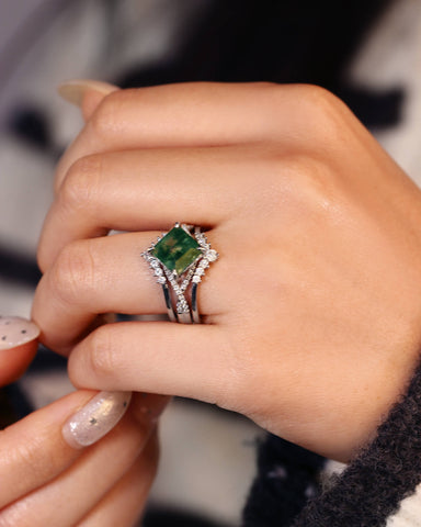 MIRETH Nature Inspired Square Shaped Moss Agate Bridal Ring Set