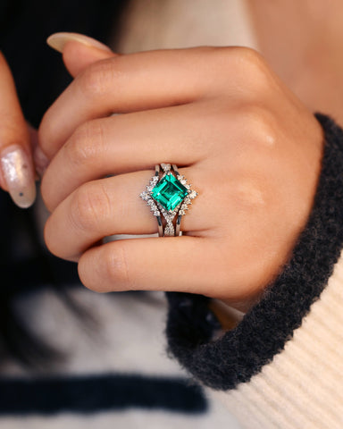 TEVERIA Square Shaped Lab Emerald Engagement Ring Unique Bridal Wedding Set