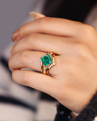 TEVERIA Square Shaped Lab Emerald Engagement Ring Unique Bridal Wedding Set