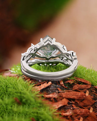 RHIANNON Princess Cut Moss Agate Engagement Ring Set Nature Vibe Bridal Set