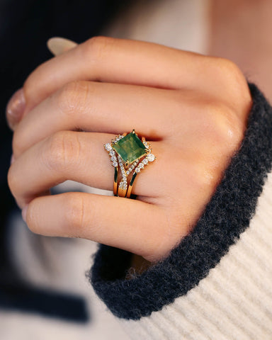 MIRETH Nature Inspired Square Shaped Moss Agate Bridal Ring Set