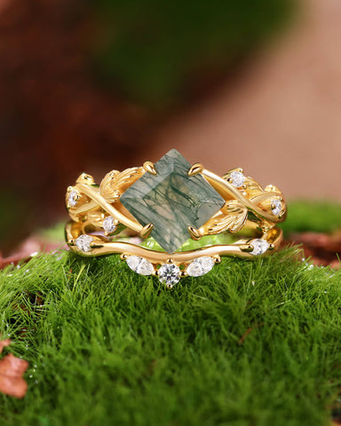 RHIANNON Princess Cut Moss Agate Engagement Ring Set Nature Vibe Bridal Set