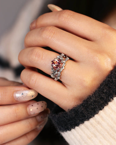 LILIANA Oval Shaped Alexandrite Bridal Ring Set Nature Inspired Leaf Ring Set