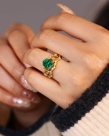RISERL Oval Cut Emerald Bridal Ring Set Nature Inspired Leaf Wedding Ring Set