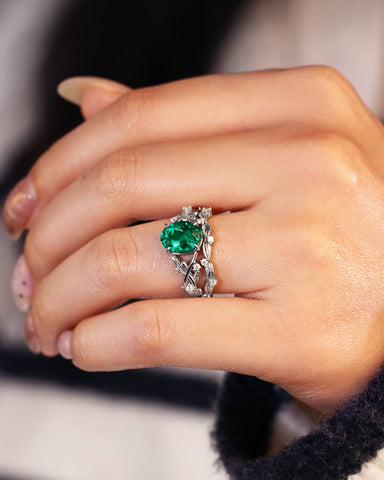 RISERL Oval Cut Emerald Bridal Ring Set Nature Inspired Leaf Wedding Ring Set