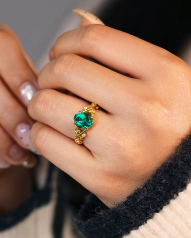 OLIVE Oval Cut Emerald Branch Inspired Leafy Engagement Ring