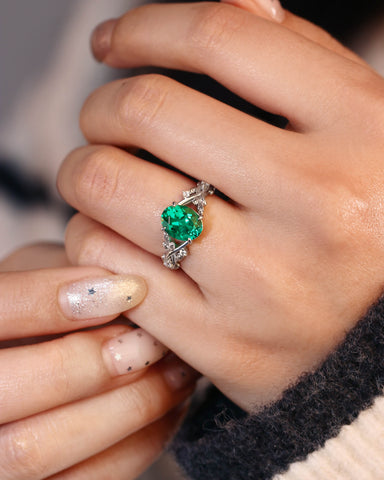 OLIVE Oval Cut Emerald Branch Inspired Leafy Engagement Ring
