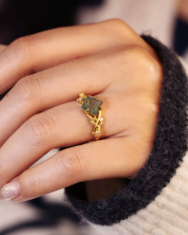 ASPEN Princess Cut Moss Agate Nature Inspired Engagement Ring