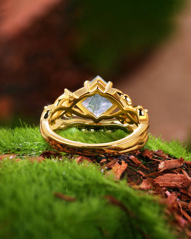 RHIANNON Princess Cut Moss Agate Engagement Ring Set Nature Vibe Bridal Set