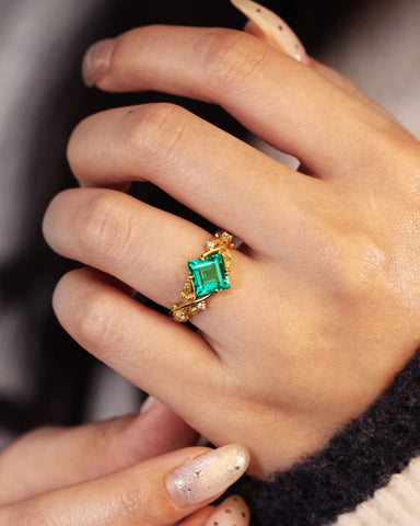 AZURA Princess Cut Emerald Leafwave Shank Engagement Ring