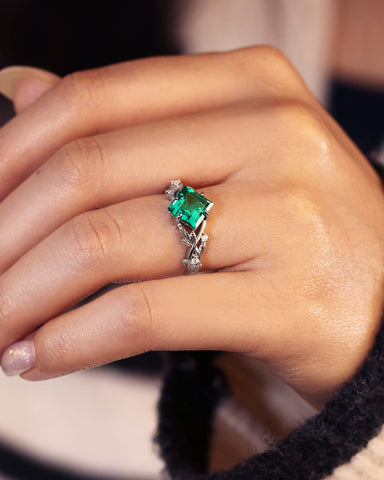 AZURA Princess Cut Emerald Leafwave Shank Engagement Ring