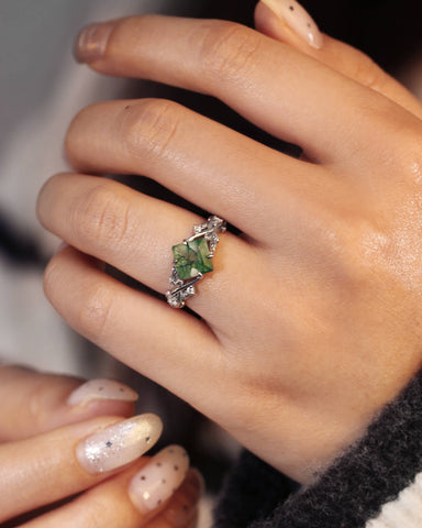 ASPEN Princess Cut Moss Agate Nature Inspired Engagement Ring