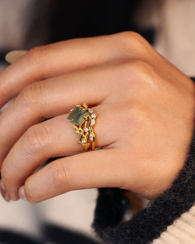 LEKAS Princess Cut Moss Agate Engagement Ring Set Nature Vibe Bridal Set