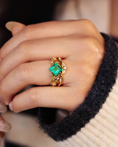 BELLE Princess Cut Emerald Engagement Ring Set Nature Inspired Leaf Ring Set
