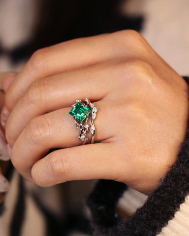 BELLE Princess Cut Emerald Engagement Ring Set Nature Inspired Leaf Ring Set
