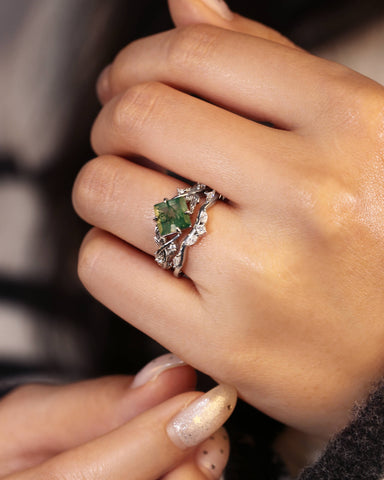 LEKAS Princess Cut Moss Agate Engagement Ring Set Nature Vibe Bridal Set