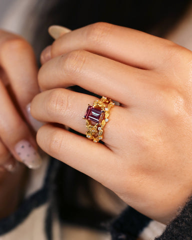 CLEMENTINE Emerald Cut Alexandrite Bridal Ring Set Nature Inspired Leafy Ring Set