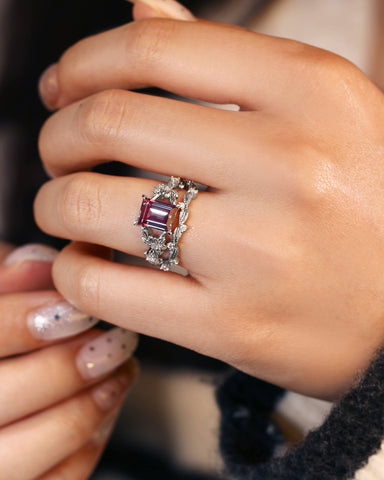 CLEMENTINE Emerald Cut Alexandrite Bridal Ring Set Nature Inspired Leafy Ring Set