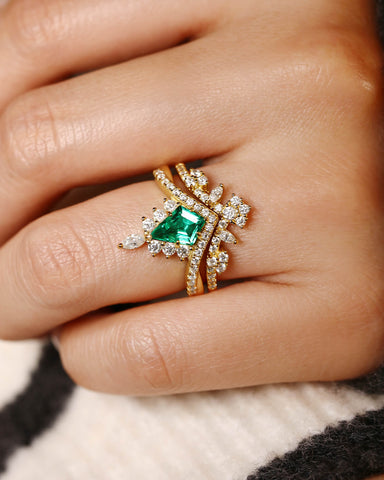 TATIANA Kite Shaped Emerald Bridal Ring Set Moissanite Lacey Band Wedding Set