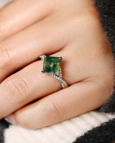 INFIORA Princess Cut Moss Agate Crossover Shank Engagement Ring