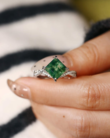 INFIORA Princess Cut Moss Agate Crossover Shank Engagement Ring