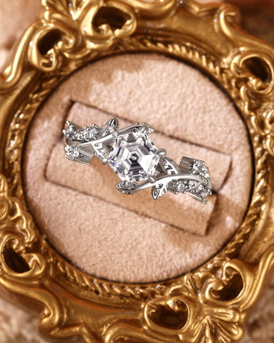 HERMINE Hexagon Cut Moissanite Bypass Leafy Engagement Ring
