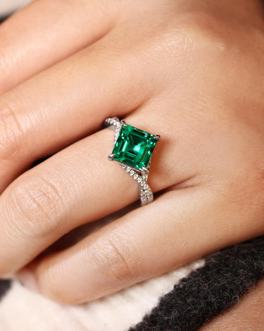 PAVIA Princess Cut Lab Emerald Wedding Ring Infinity Design Pave Promise Ring
